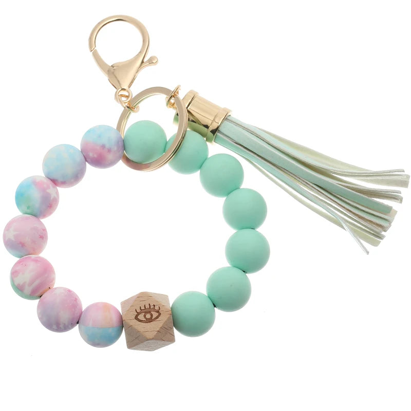 Silicone Beads Bracelet Keychain Women Leather Tassel Keyring