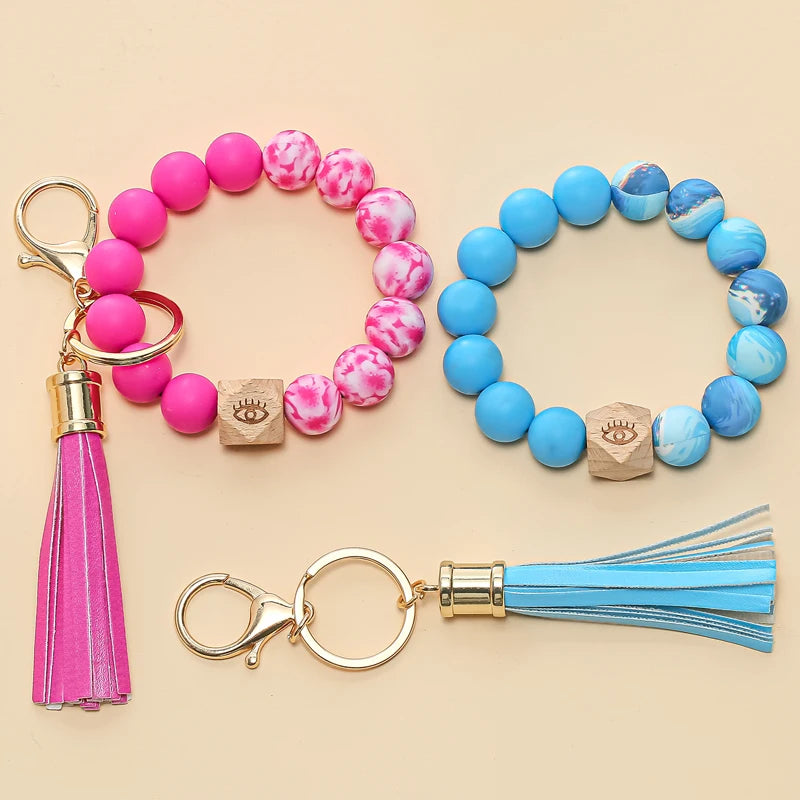 Silicone Beads Bracelet Keychain Women Leather Tassel Keyring
