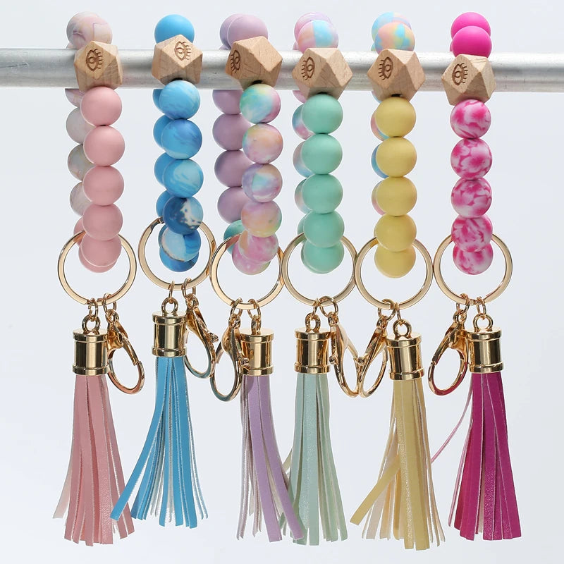 Silicone Beads Bracelet Keychain Women Leather Tassel Keyring
