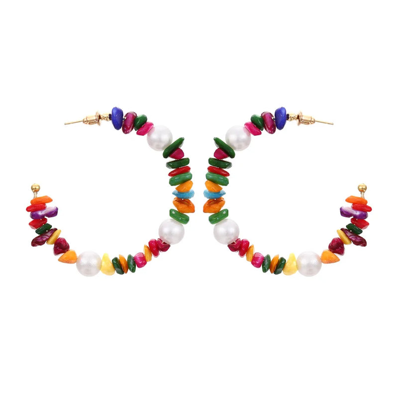 Colorful Stone Pearl Za Hoop Earrings Women Round Stud Earrings