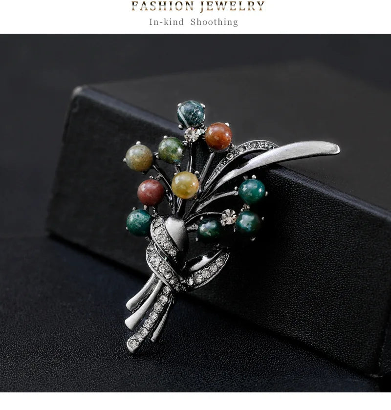 Colorful Stone Tree Brooches Large Bouquet Pin For Women Dress Suit Scarf Coat