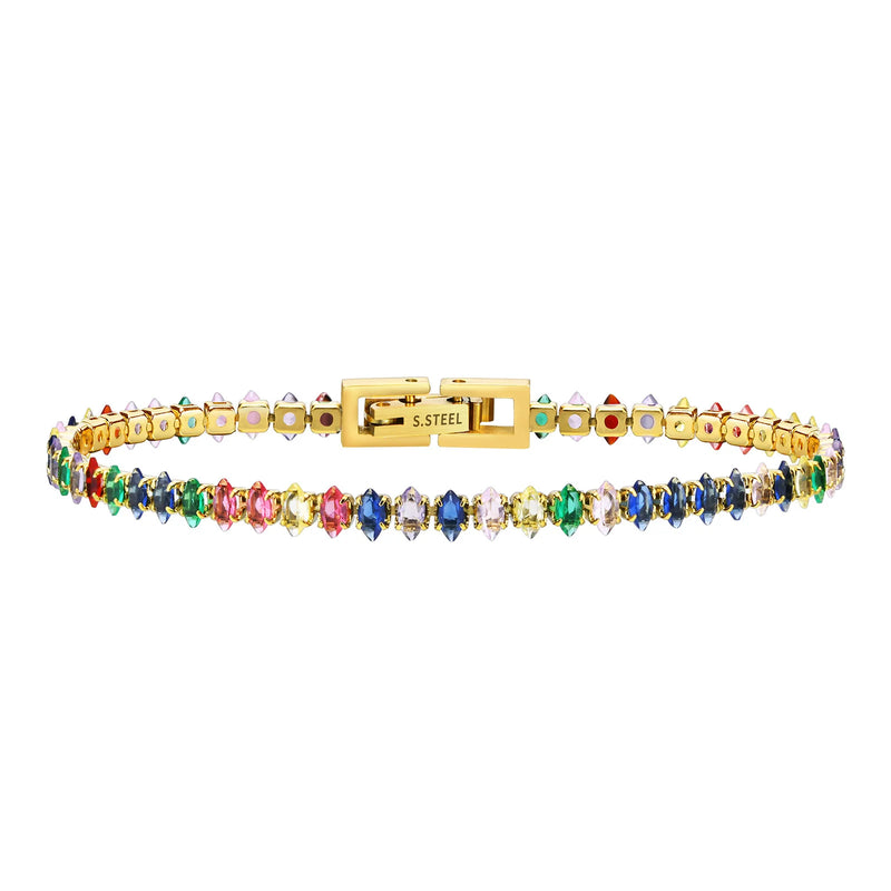 Colorful Tennis Bracelet Women, CZ Chain, Stainless Steel Link