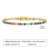 Colorful Tennis Bracelet Women, CZ Chain, Stainless Steel Link