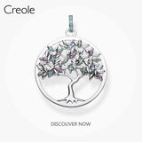 Colorful Tree Round Disc Necklace Pendant 925 Sterling Silver Spring Gift