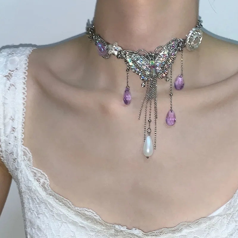 Colorful Butterfly Tassels Choker Necklace for Women Y2k Jewelry