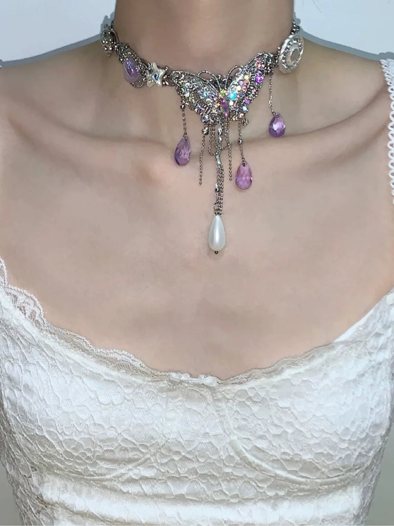 Colorful Butterfly Tassels Choker Necklace for Women Y2k Jewelry