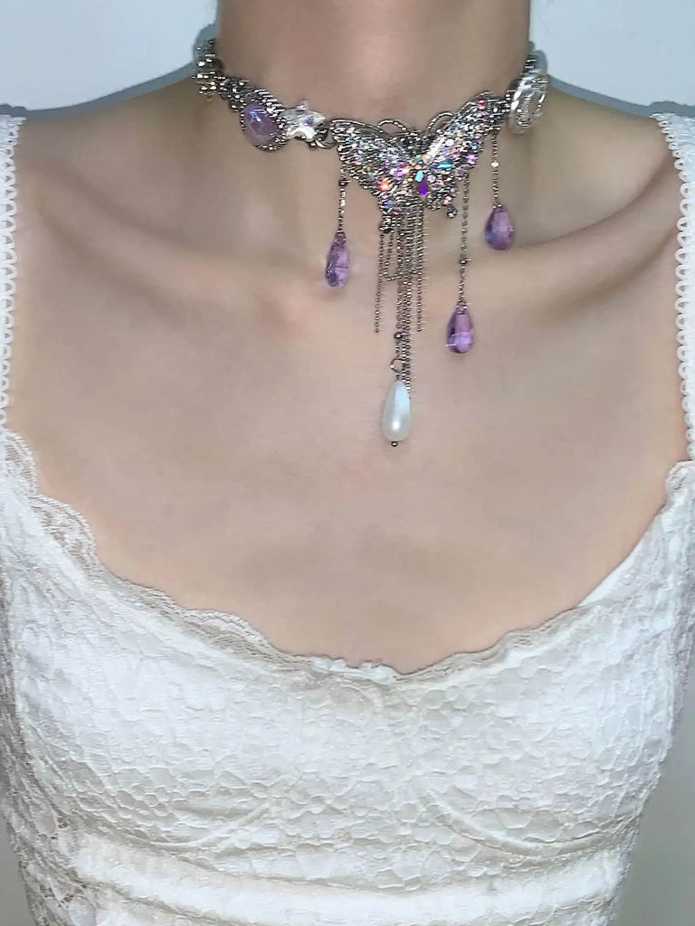 Colorful Butterfly Tassels Choker Necklace for Women Y2k Jewelry