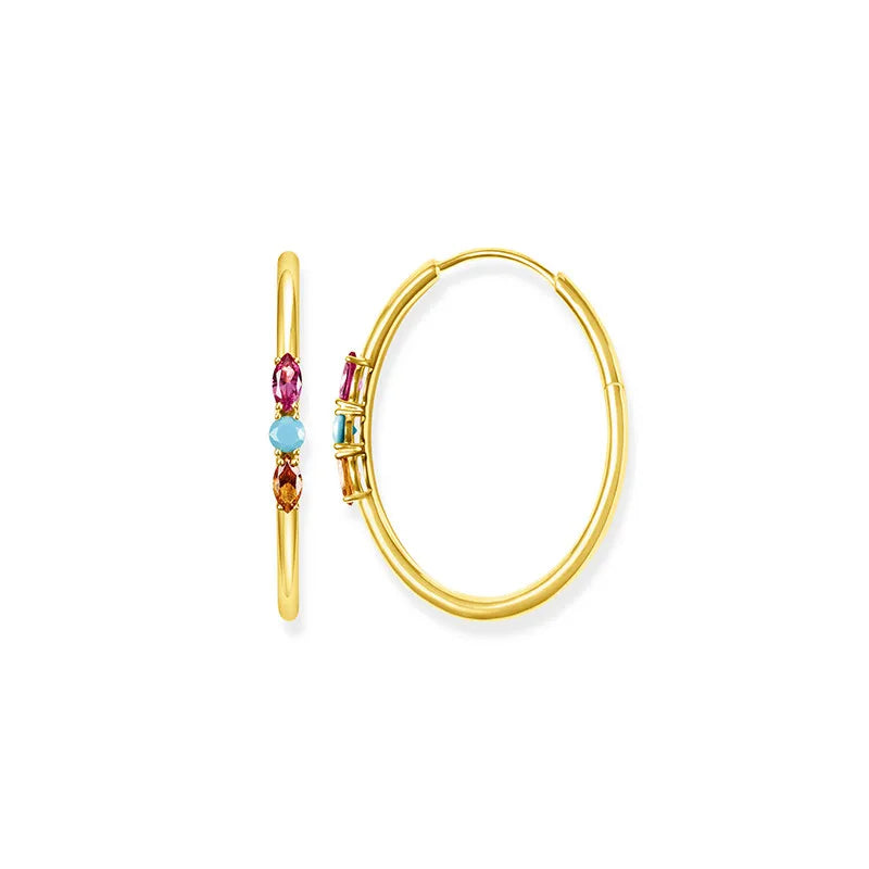 Colorful Zircon Round Circle Hoop Earrings 925 Silver Needle Loop Earrings
