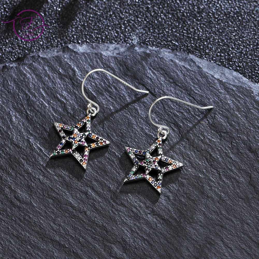 Colorful Zircon Star Drop Earrings 925 Sterling Silver Women's Party Jewelry