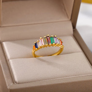Colorful Zirconia Open Rings Stainless Steel Crystal Round Adjustable Ring