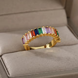 Colorful Zirconia Open Rings Stainless Steel Crystal Round Adjustable Ring