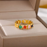 Colorful Zirconia Open Rings Stainless Steel Crystal Round Adjustable Ring