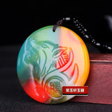 Colorful Jade Wolf Pendant Necklace Chinese Hand-Carved Healing Luck Gift