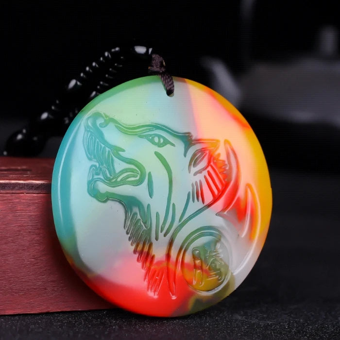 Colorful Jade Wolf Pendant Necklace Chinese Hand-Carved Healing Luck Gift