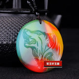 Colorful Jade Wolf Pendant Necklace Chinese Hand-Carved Healing Luck Gift