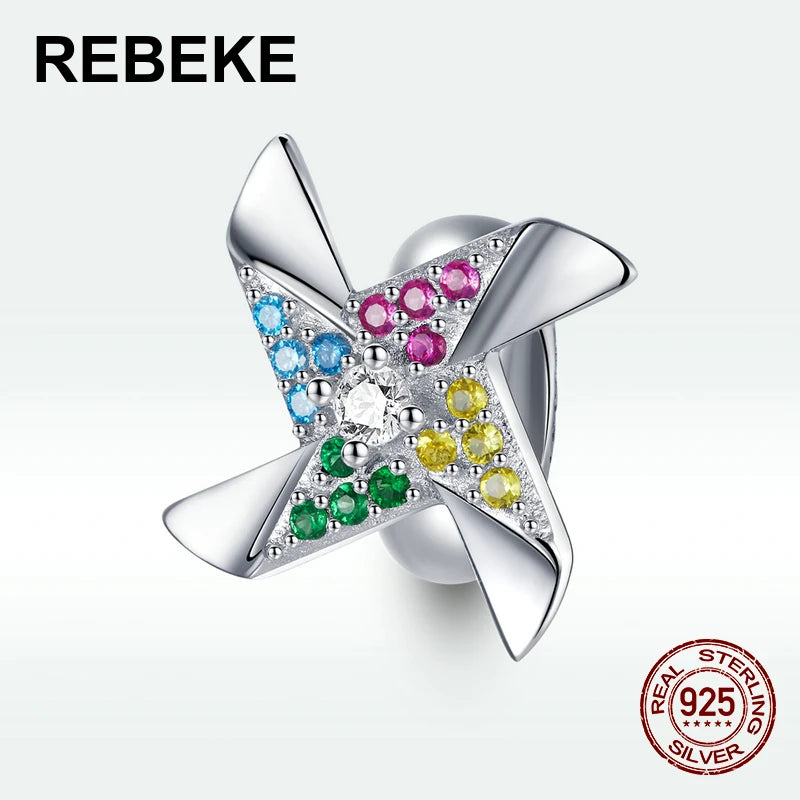 Colorful Zircon Windmill Charm Silicone Beads 925 Sterling Silver Pendant