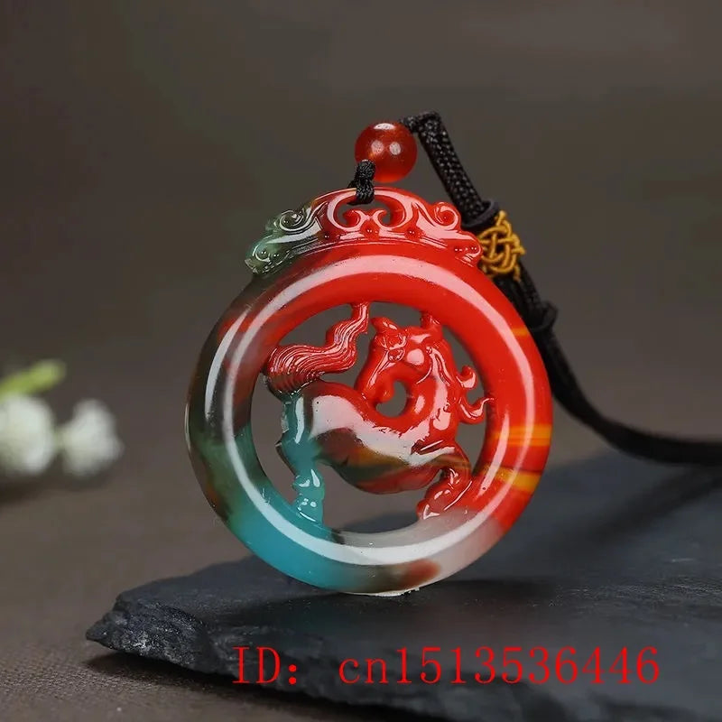 Jade Horse Pendant Necklace Carved Amulet Chinese Charm Sweater Chain