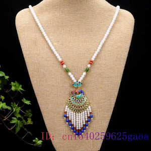 Jade Peacock Necklace Chalcedony Stone Chinese Gift Pendant