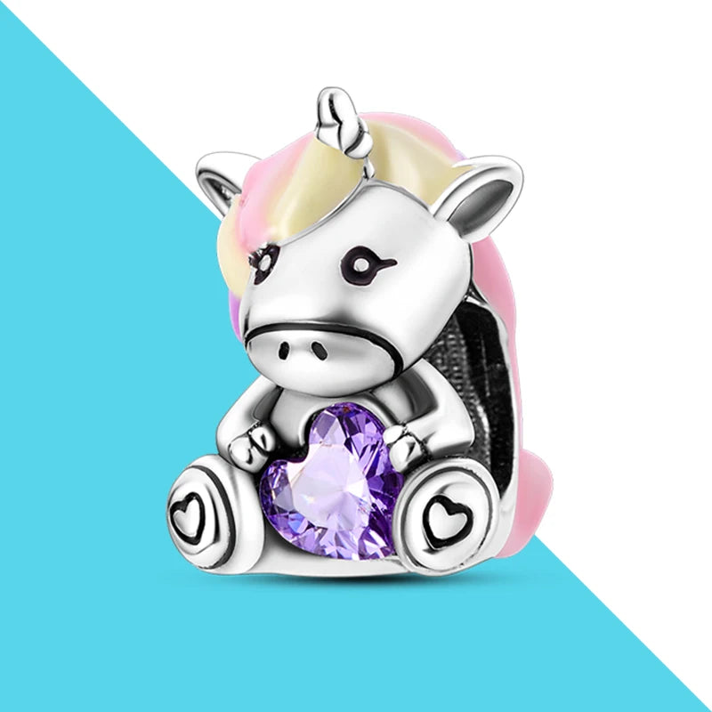Unicorn Charm Beads Fit Chain Bracelet Diy Purple Heart CZ