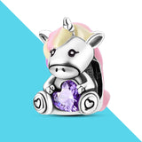 Unicorn Charm Beads Fit Chain Bracelet Diy Purple Heart CZ