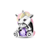 Unicorn Charm Beads Fit Chain Bracelet Diy Purple Heart CZ