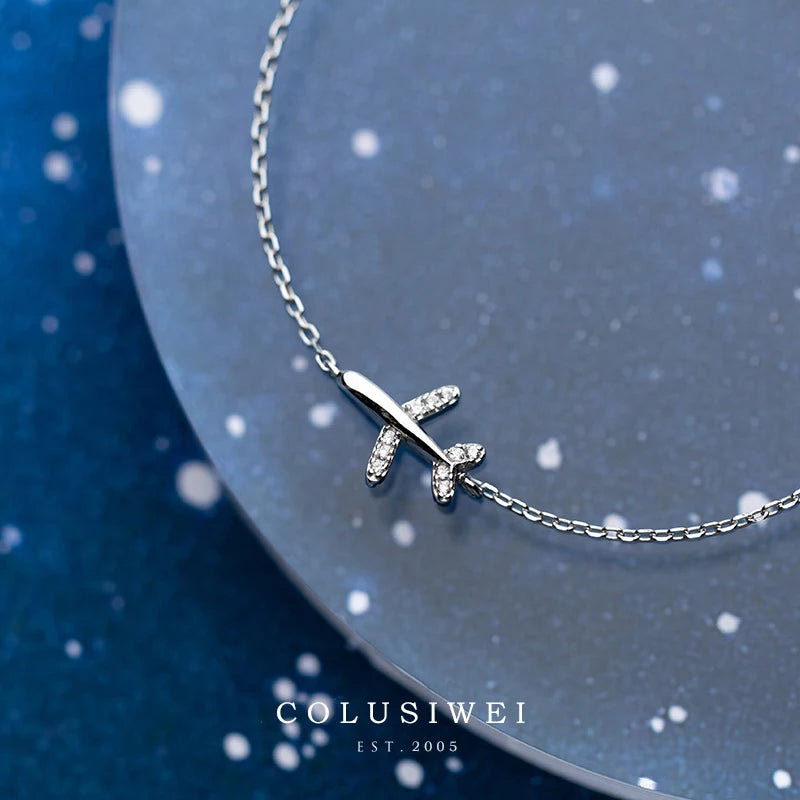 925 Silver Plane Chain Bracelet CZ Bangles Women Jewelry Gift