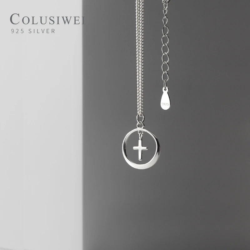 925 Silver Round Cross Pendant Necklace for Women