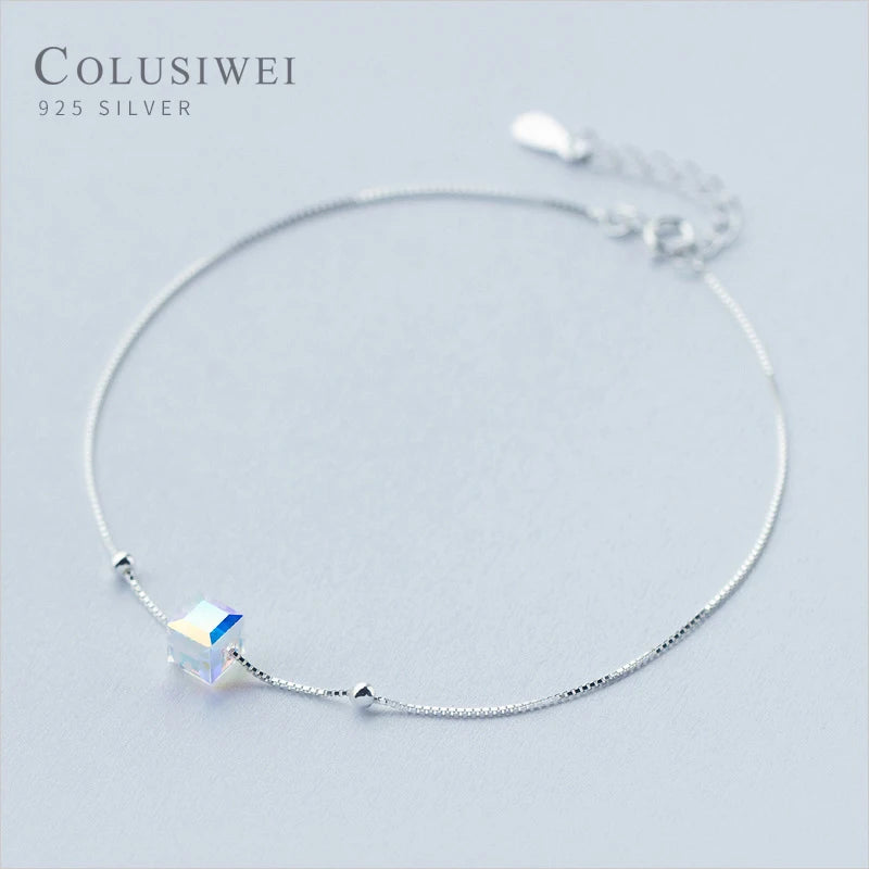 Colusiwei 925 Silver Crystal Cube Anklet for Women