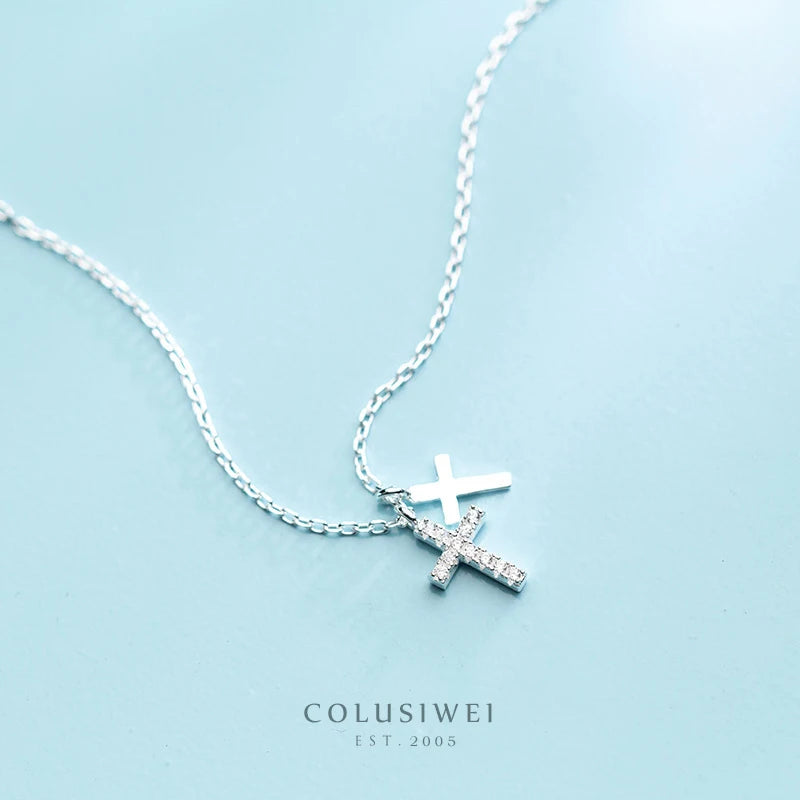 Colusiwei 925 Silver Faith Power Double Cross Necklace for Women Lucky Girl