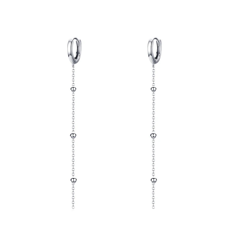 925 Silver Long Tassel Chain Bead Hoop Earrings