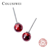Garnet Round Bead Stud Earrings 925 Silver Jewelry for Women