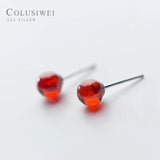 Garnet Round Bead Stud Earrings 925 Silver Jewelry for Women