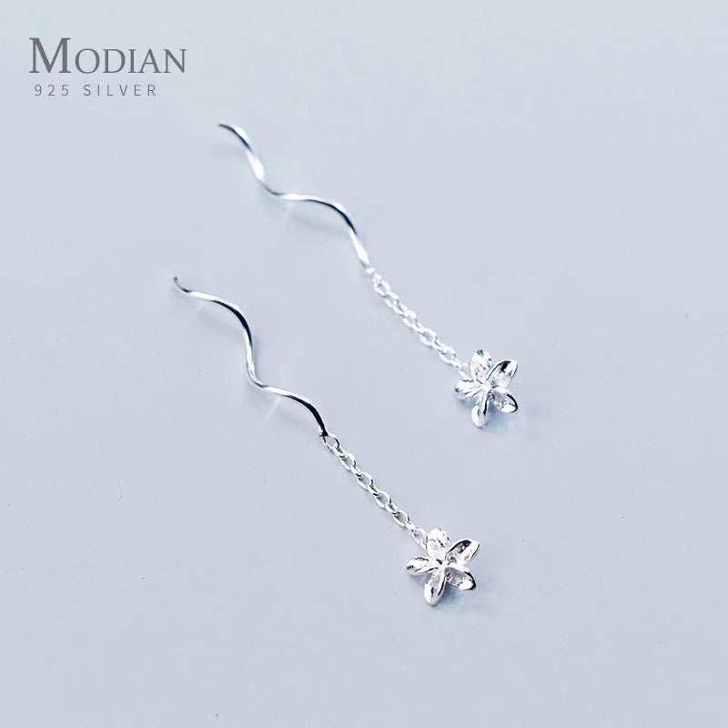 925 Silver Frangipani Chain Drop Earrings for Women