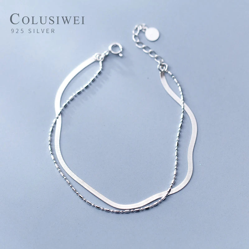 925 Silver Double Layers Chain Bracelet Geometric Lobster Lock Women Jewelry