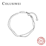 925 Silver Double Layers Chain Bracelet Geometric Lobster Lock Women Jewelry