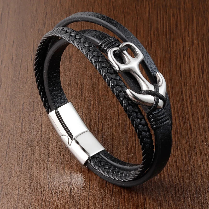 Small Accessories Stainless Steel Men's Leather Anchor Bracelet
