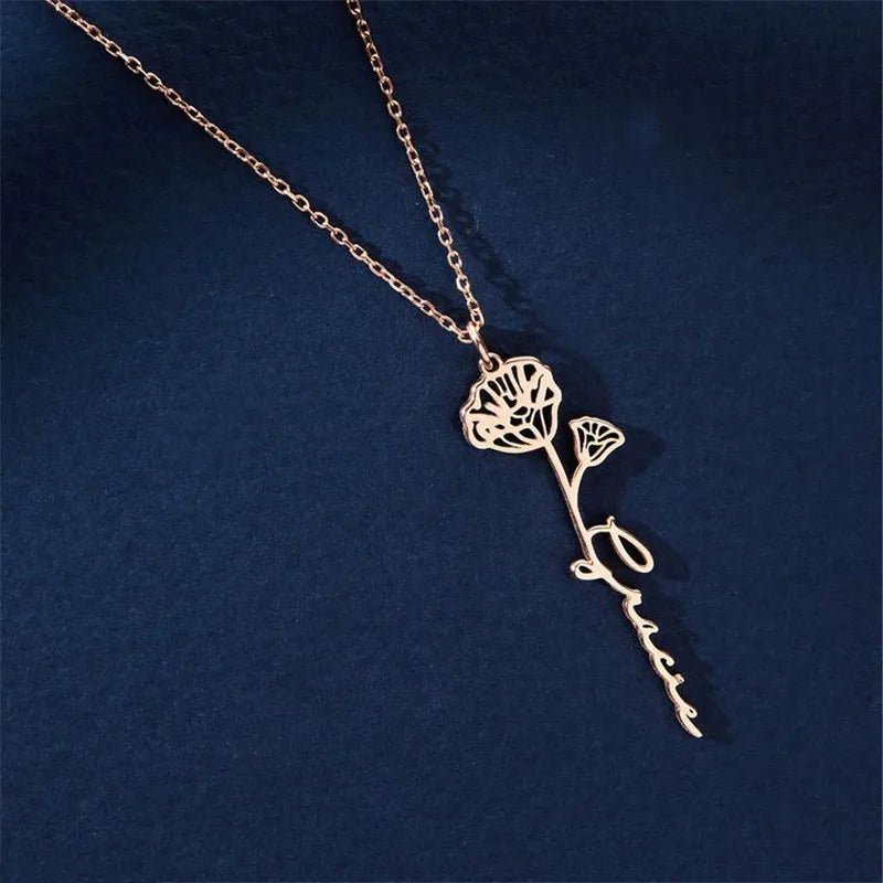 Vertical Floral Name Necklace Rose Jewelry Mothers Gift