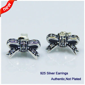 Sparkling Bow Stud Earrings CZ 925 Sterling Silver DIY FLE005