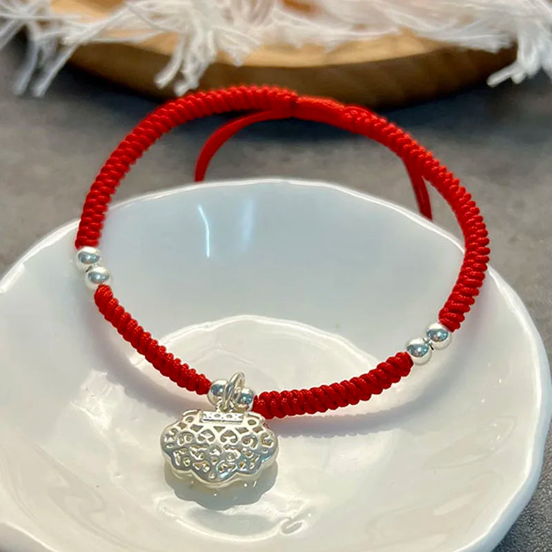 Concentric Lock 925 Silver Bracelet Red Thread Jewelry