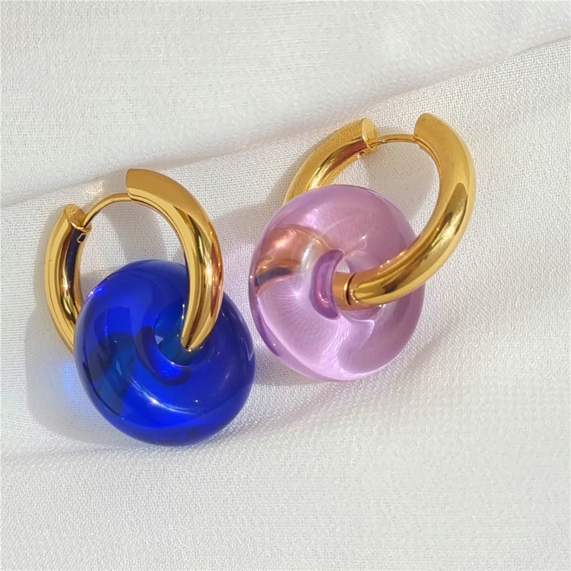 Colorful Resin Circle Drop Earrings Stainless Steel Jewelry