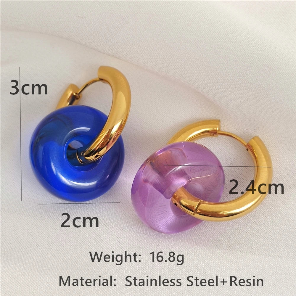 Colorful Resin Circle Drop Earrings Stainless Steel Jewelry