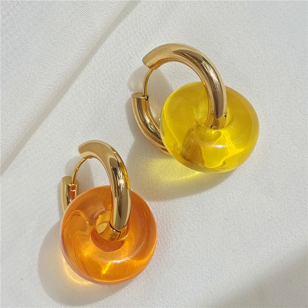 Colorful Resin Circle Drop Earrings Stainless Steel Jewelry