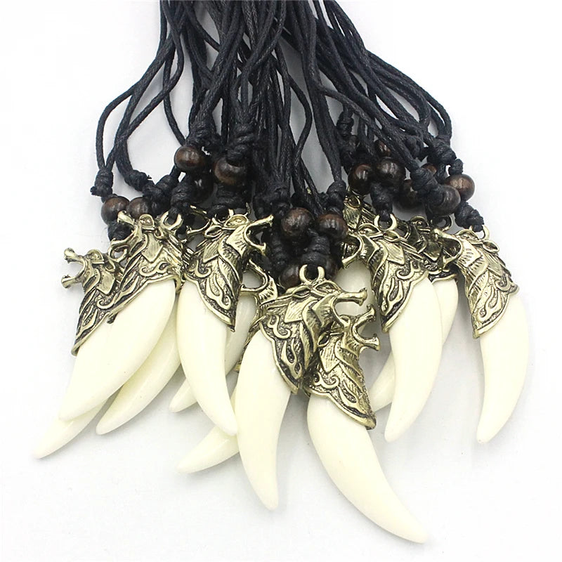 Vintage Bronze Wolf Teeth Pendant Necklace Acrylic Wolf Tooth Charms