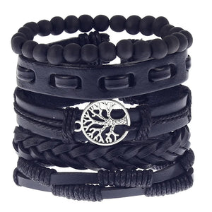 5Pcs Braided Leather Bracelets Men Vintage Life Tree Rudder Wood Beads