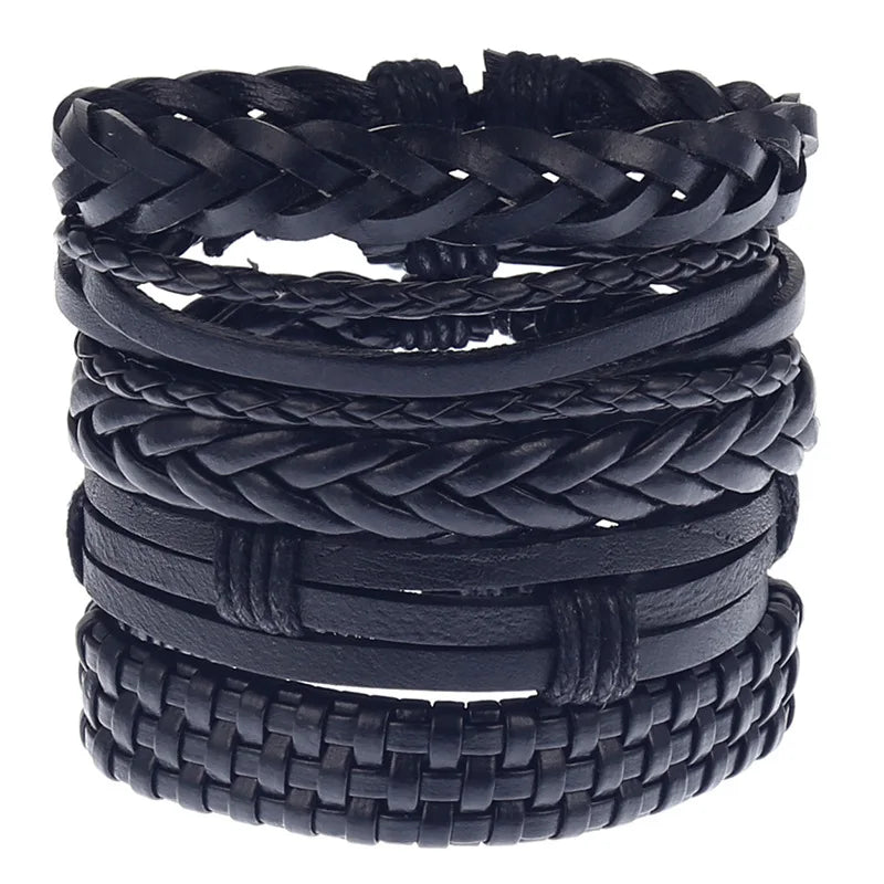 5Pcs Braided Leather Bracelets Men Vintage Life Tree Rudder Wood Beads