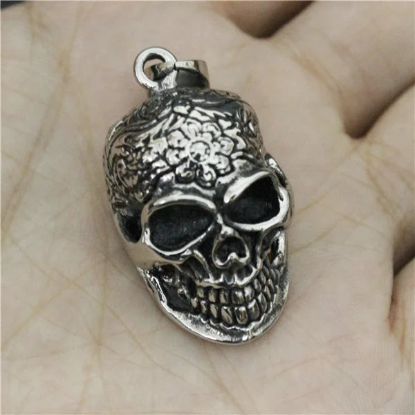 Flower Skull Pendant Stainless Steel Biker Skull Pendant