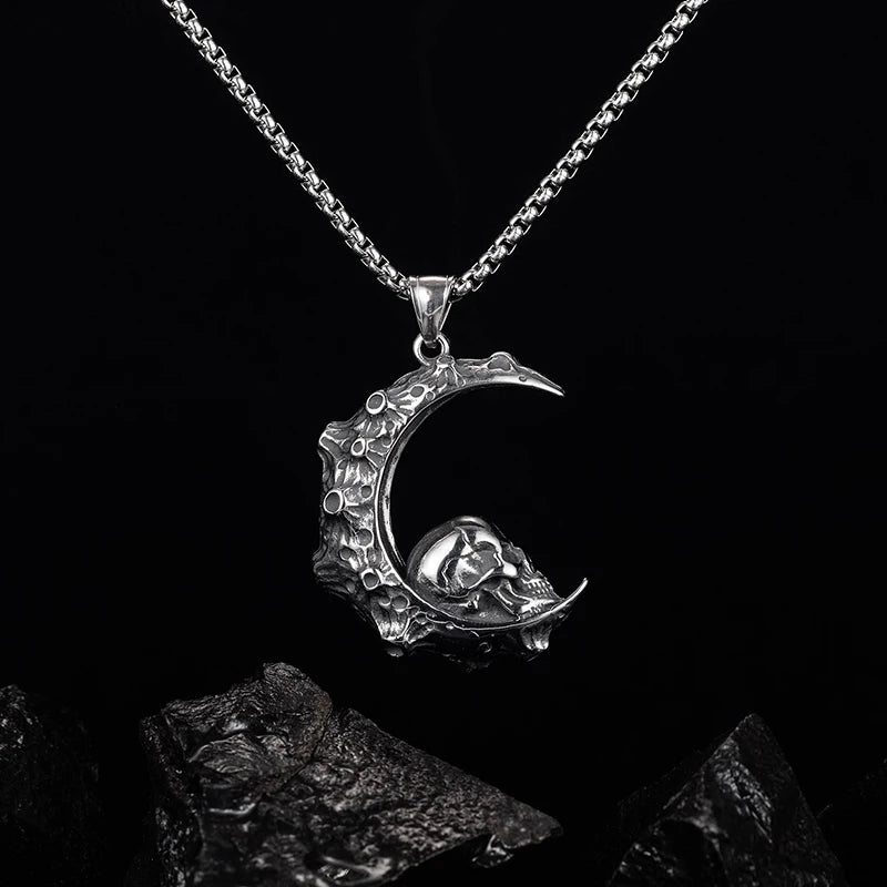 Gothic Moon Skull Men's Necklace Punk Stainless Steel Skeleton Hiphop Jewelry