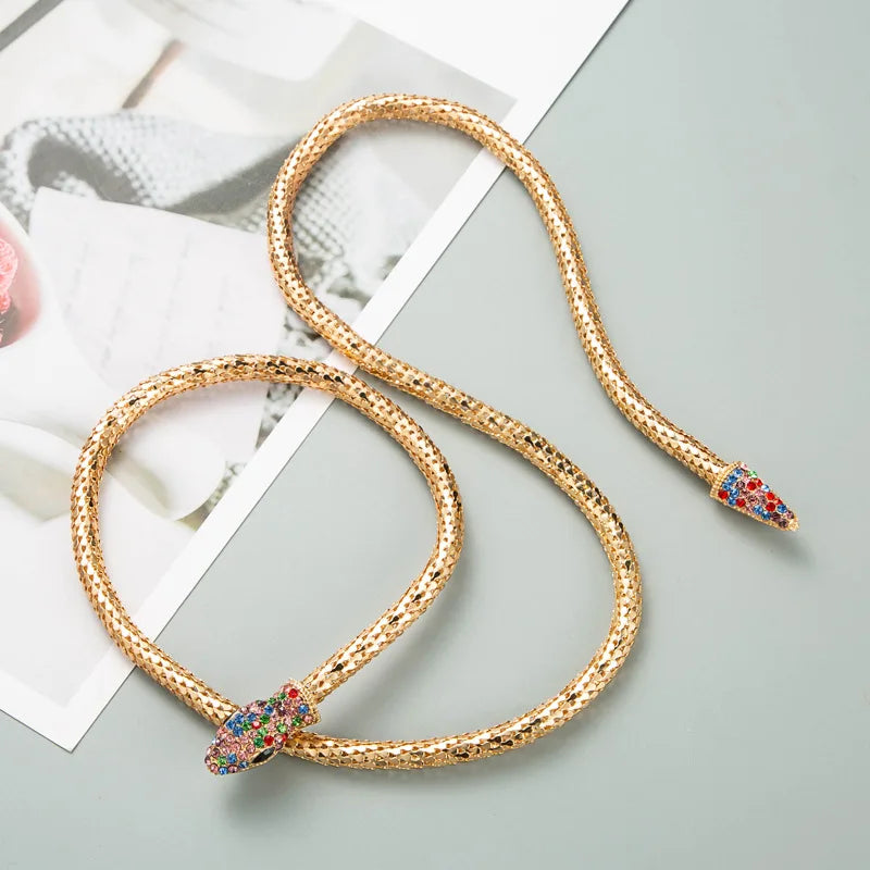 Exaggeration Double Snake Rhinestone Pendant Choker Necklace