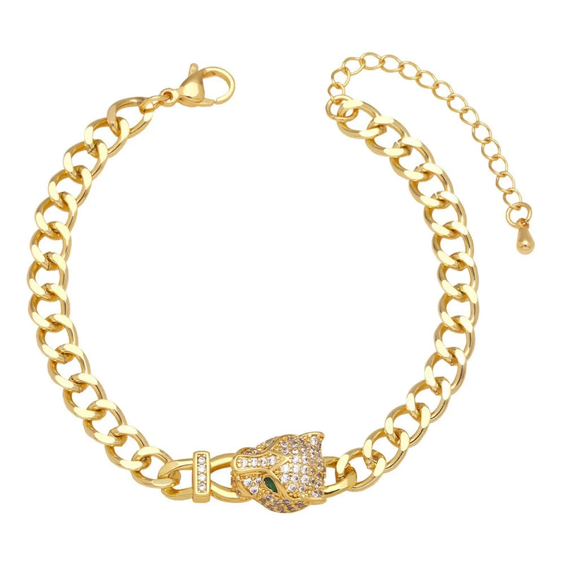 Leopard Head Zircon Cuban Chain Cuffs Bracelet