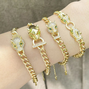 Leopard Head Zircon Cuban Chain Cuffs Bracelet